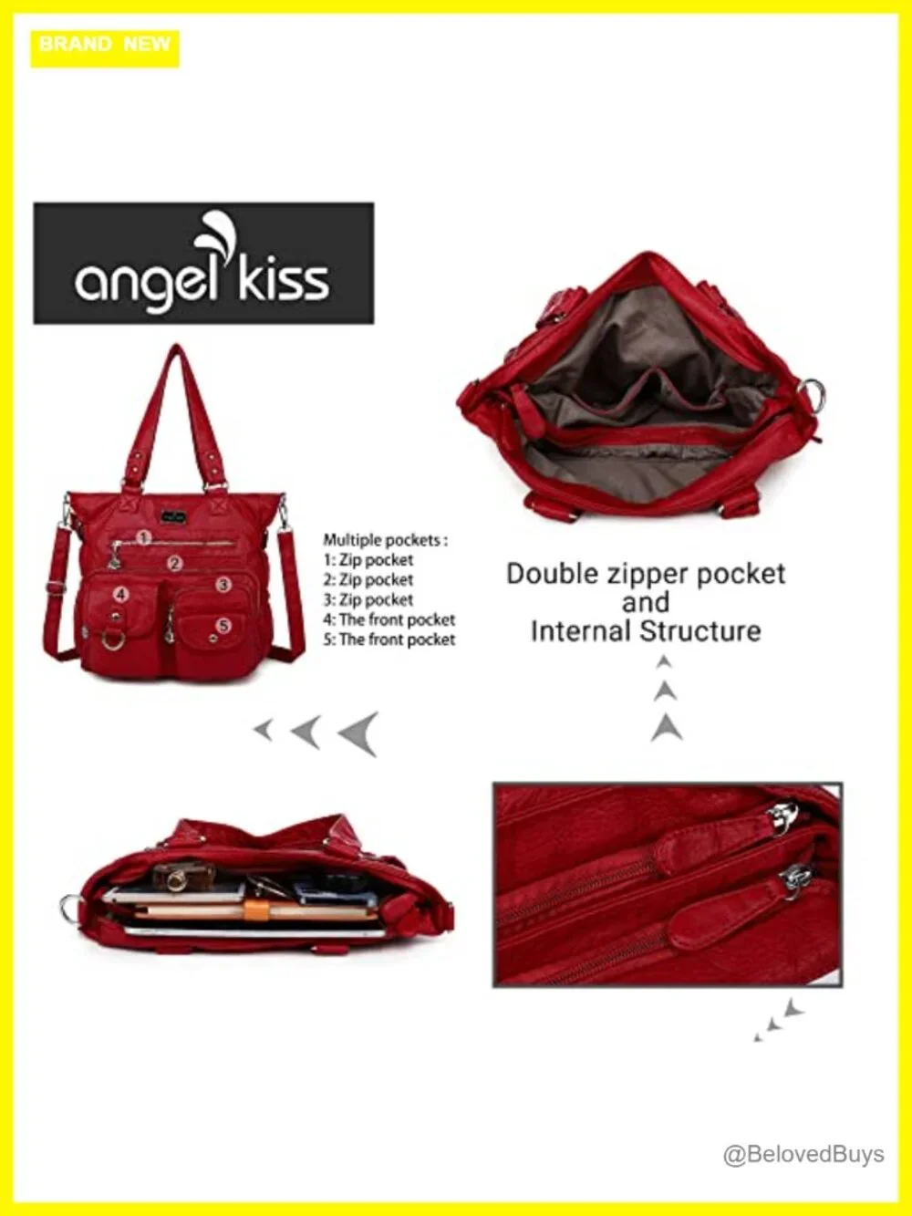 Large PU Leather Satchel Handbag with Adjustable Strap, 7 Pockets, Zipper